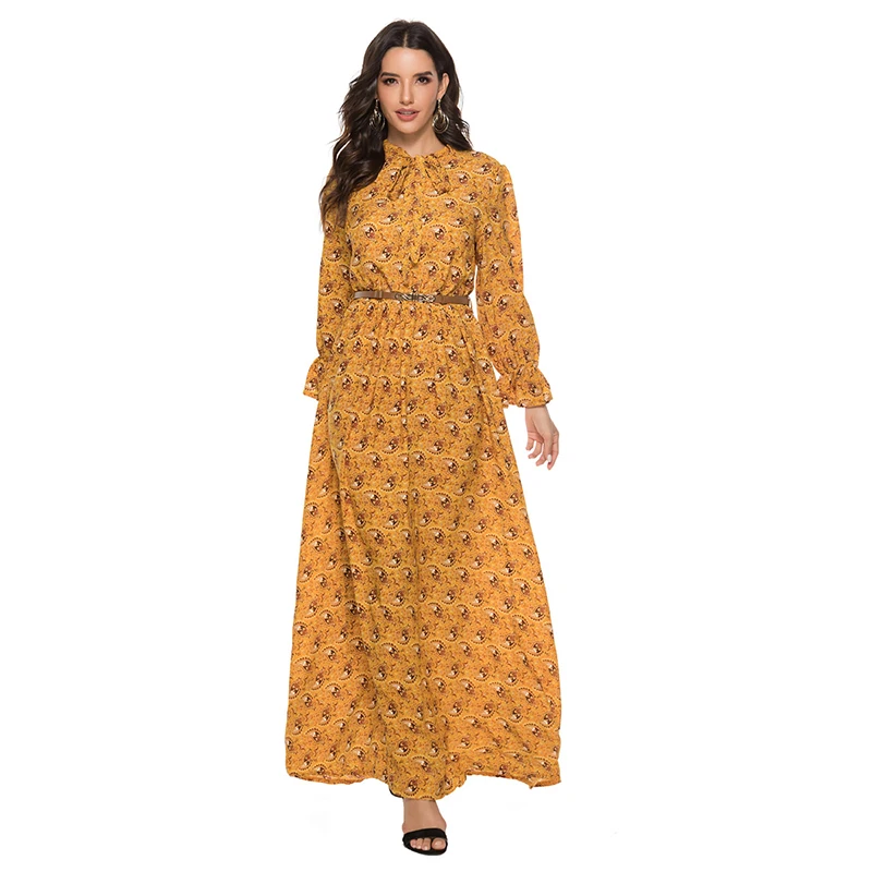 Terbaru Elegan Fashion Dubai Muslim Turki Maxi Gaun Indonesia Islamic Slim Cetak Besar Ayunan Lengan Panjang Gaun Abaya untuk Wanita