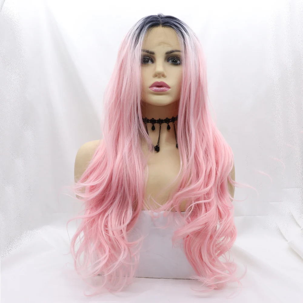 

Baby Pink Wigs with Black Roots Hair Long Body Wave Light Peach Red Pink Wig Heat Resistant fiber For Women Rosie Whiteley Hairs