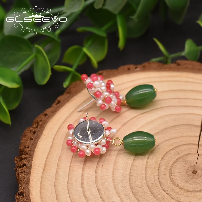 GLSEEVO зеленый агат цветок Модные Висячие серьги для женщин Свадебные подарки