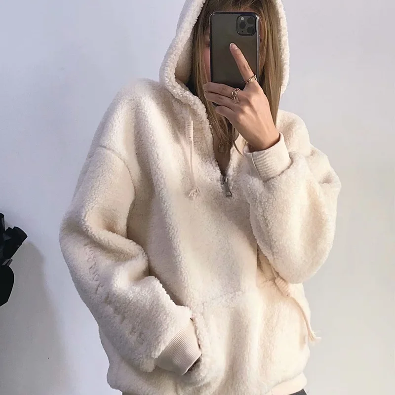 

Winter Coat Hoodies Women Fashion Oversized Drawstring Hooded Sweatshirts Casual Solid Thick Warm Soft Jacket Women's Sweatshirt