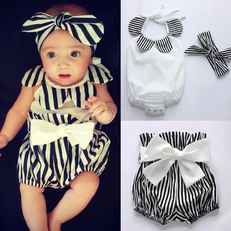 

Newborn Baby Girls Jumpsuit Sleeveless Tops + Striped Shorts Headband 3pcs Bottoms Outfits Sunsuit Baby Girl Clothing