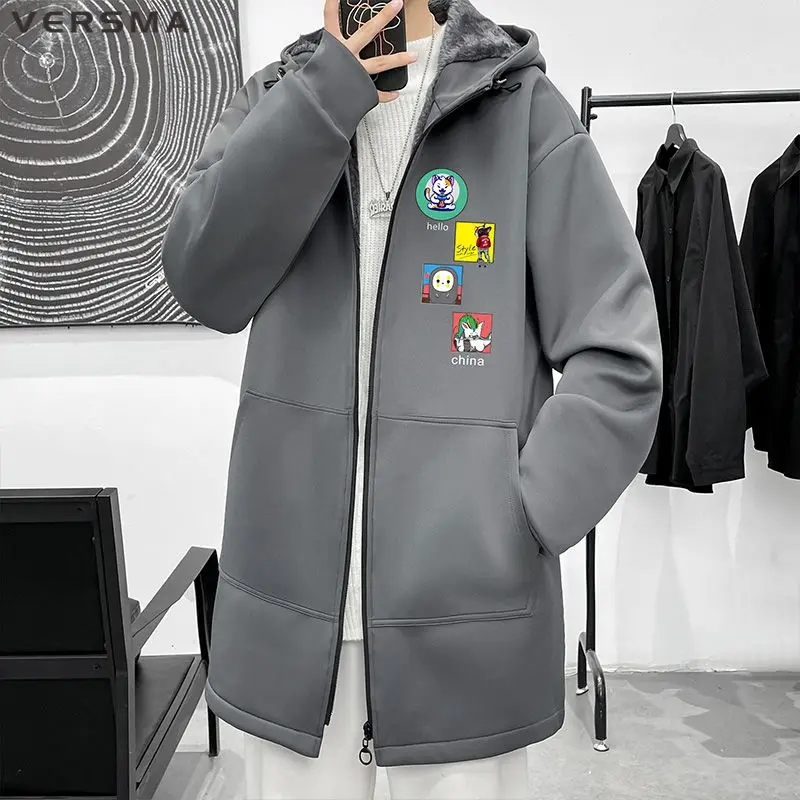 

Трендовый длинный Тренч VERSMA в Корейском стиле с мультяшным принтом, Мужская зимняя бархатная Повседневная Молодежная куртка с капюшоном, Мужская ветровка большого размера 5XL