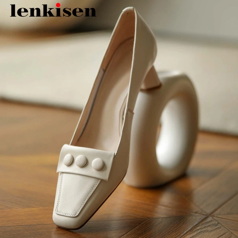 

Lenkisen business casual full grain leather button noble square toe high heel slip on office lady dating fashion women pumps L91