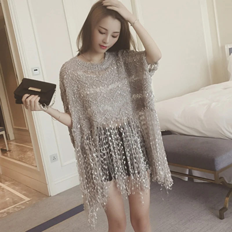 Женский свитер с рукавами летучая мышь Осенний ажурный топ бахромой пикантная