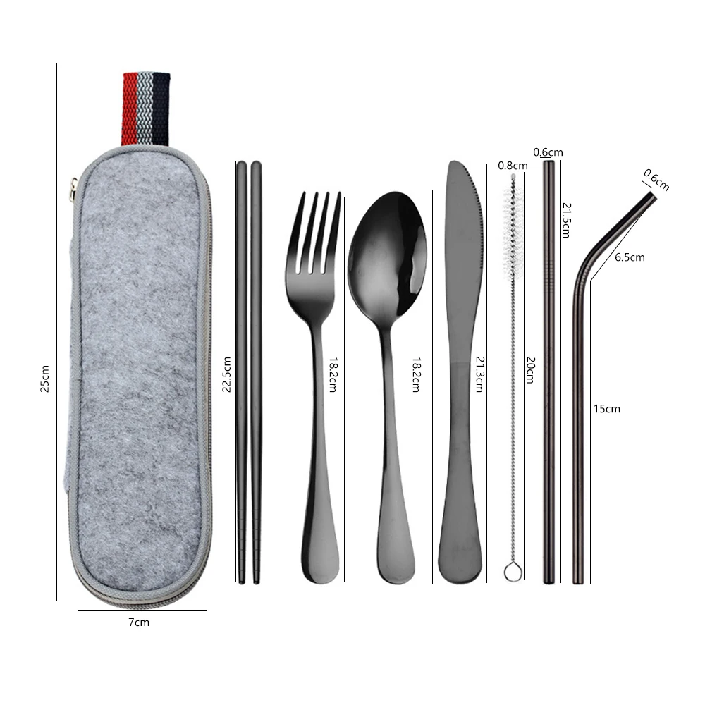 

8Pcs Utensils Set Stainless Steel Travel Camping Flatware Set Fork Spoon Chopsticks With Portable Case Kitchen Utensils