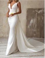 deep v neck mermaid wedding dress back detachable bow and train sleeveless backless long satin bridal wedding gown 2022 vestidos