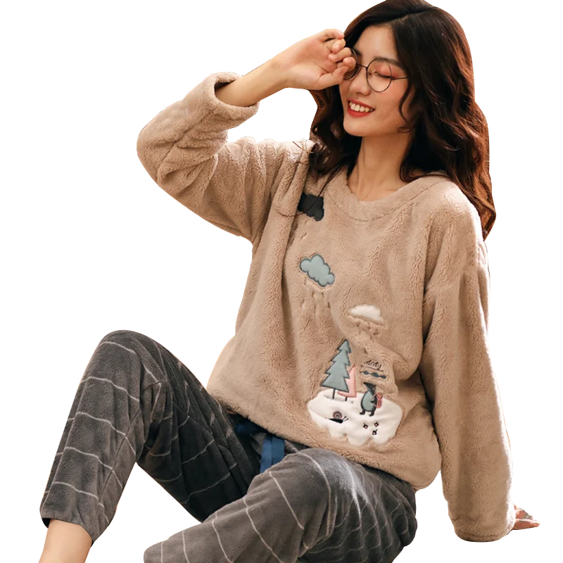 

Women Flannel Pajamas Autumn Winter Thick Warm Female Pyjamas Sets Long Sleeve Casual Soft Ladies Coral Fleece Pijama