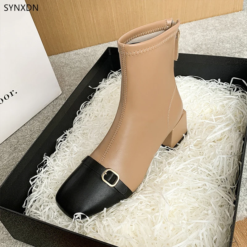 

Женские осенне-зимние ботинки челси SYNXDN на массивном каблуке, модные мягкие кожаные ботинки на молнии сзади для женщин 34-40