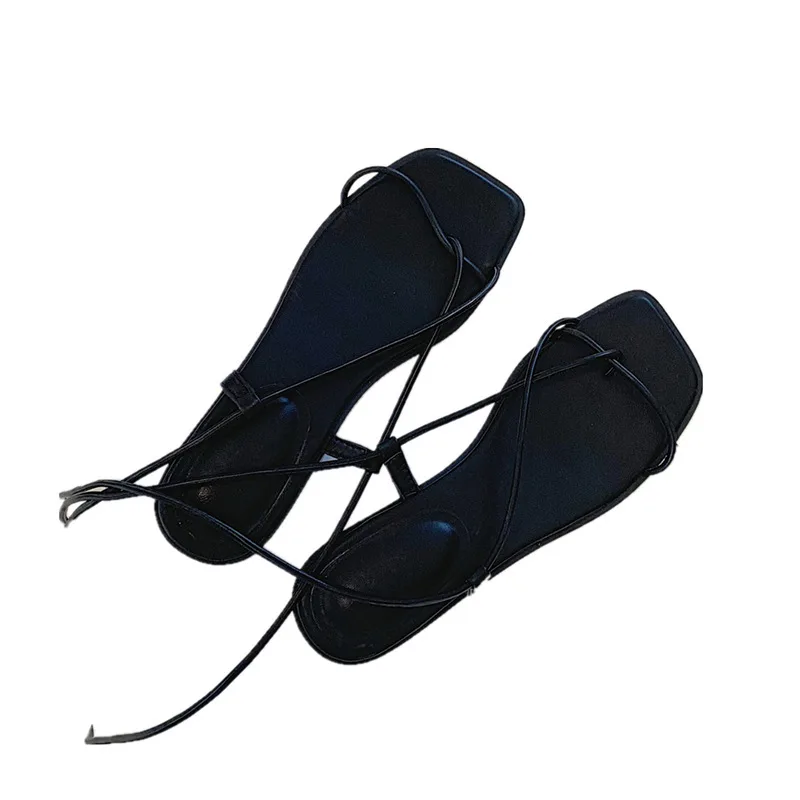 

Low Sandals Woman Leather Strappy Heels Cross-Shoes Suit Female Beige Flip Flops Platform Low-heeled Comfort Gladiator Black Gi