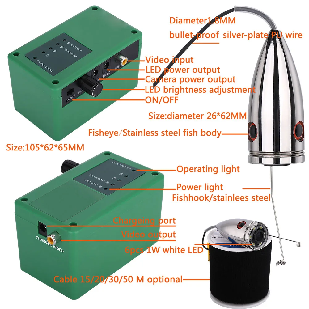 Продажа Видеокамера для подводной рыбалки GAMWATER, 6 шт., светодиодный светильник 1 Вт с цветным монитором 7 дюймов, 20 м, 30 м, 50 м, 1000tvl