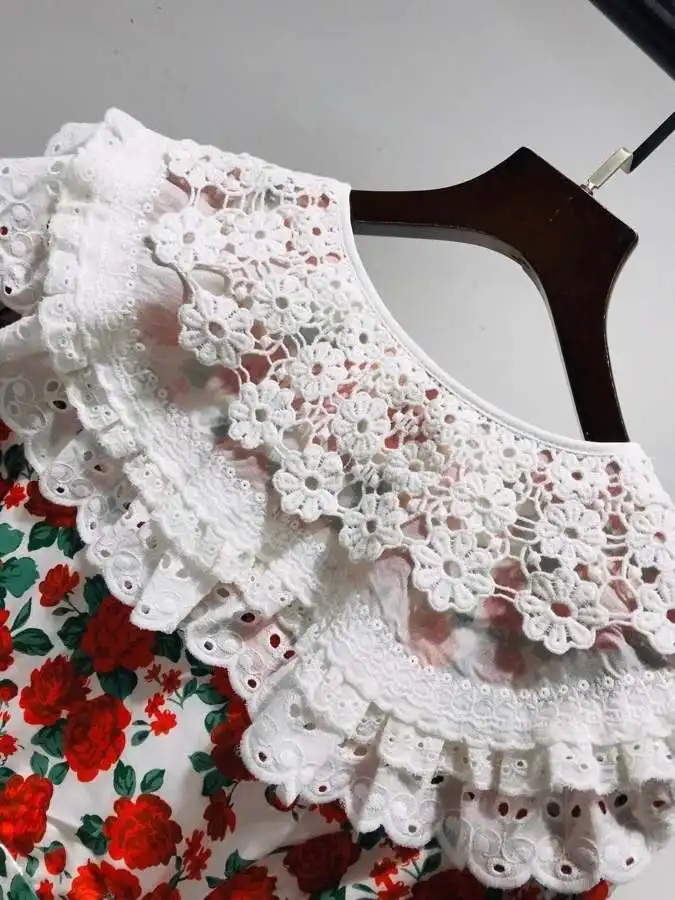 

High Quality Designer Fashion Style Dress 2020 Autumn Women Lace Peter Pan Collar Rose Flower Print Long Sleeve Dress Beautiful