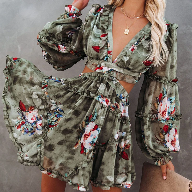 Women's V-neck Chiffon Printed Dress Halter Bow Ruffle A-shaped Hollow Folded Beach Holiday Dress Spring 2021 bathing suit cover