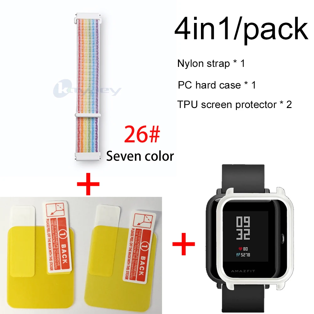 26-White case 4в1 для Xiaomi Huami Amazfit ремешок bip браслет нейлоновая петля Smartwatch Браслет amazfit bip чехол с защитой экрана - Цвет: 26-White case