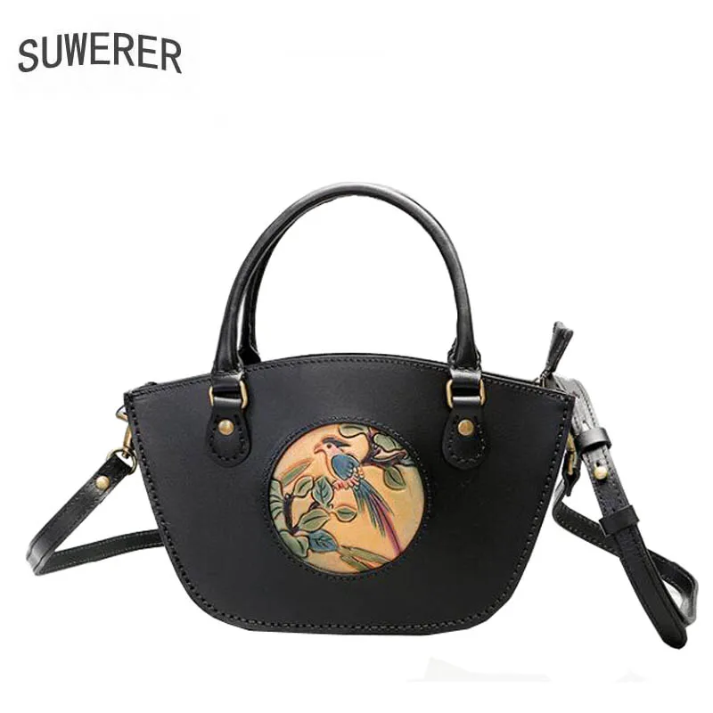 

SUWERER genuine leather women hand carved cow leather bag luxury women fashion designer leather handbags famous brand