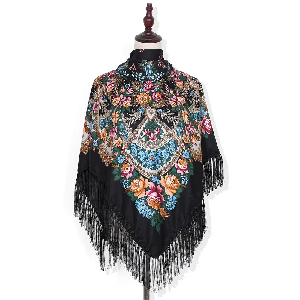 

135*135cm Women Russian Style Big Square Scarf Blanket Fringed Shawl Retro Floral Printed Scarves Babushka Hijab Head Wraps