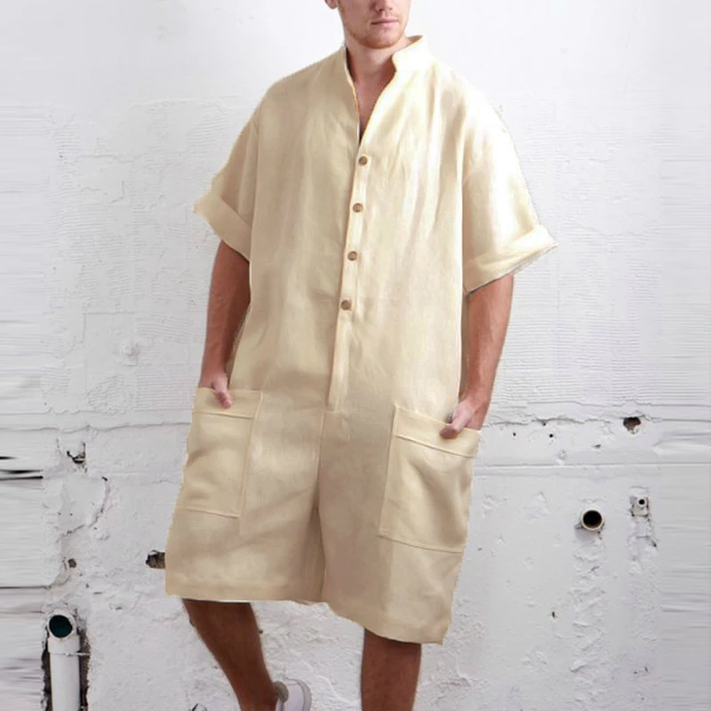 Летние свободные мужские комбинезоны из хлопка с коротким рукавом и пуговицами