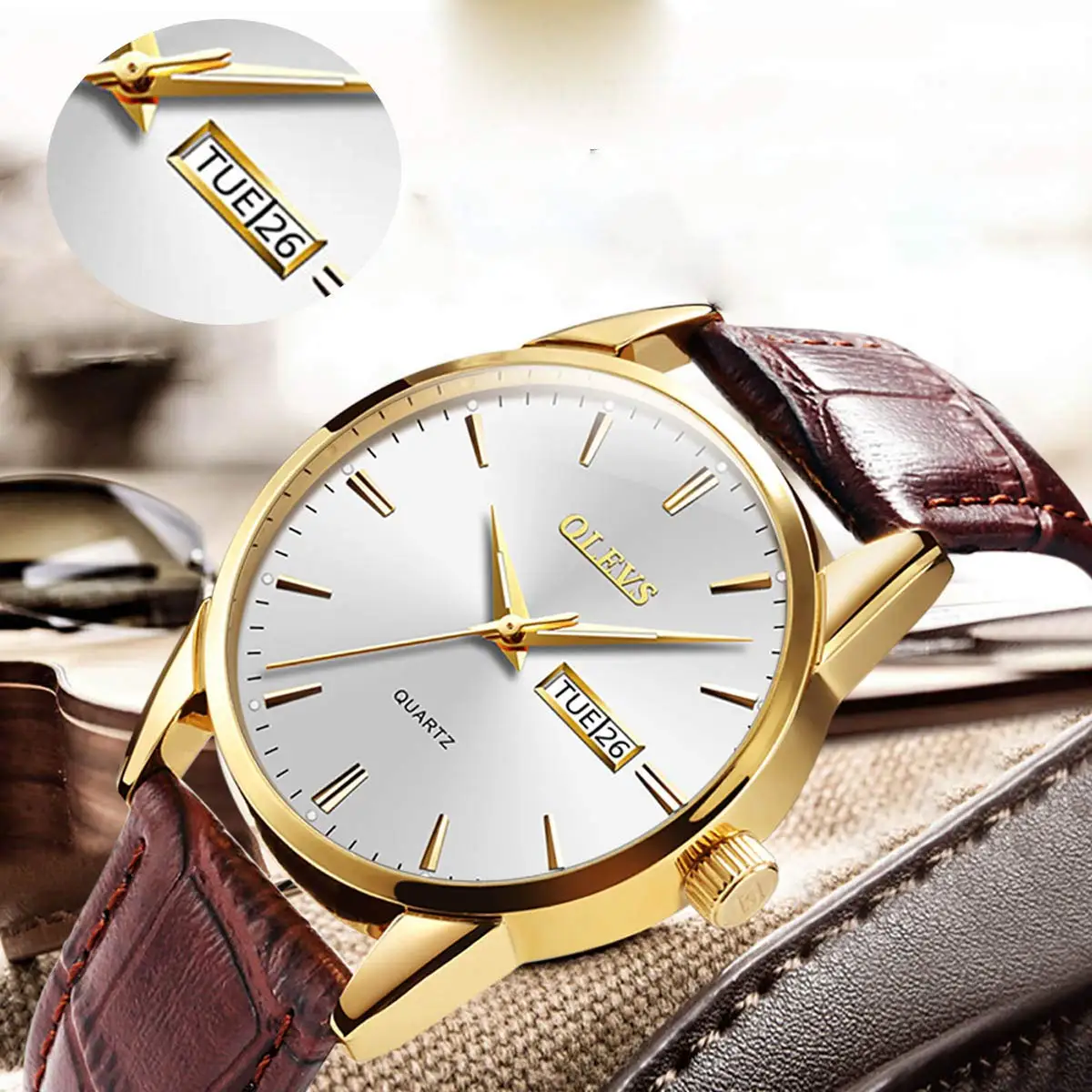 OLEVS Couple Watch Breathable leather Band Fashion Business Waterproof His and Her Quartz Wristwatch Set for Lovers One Pair