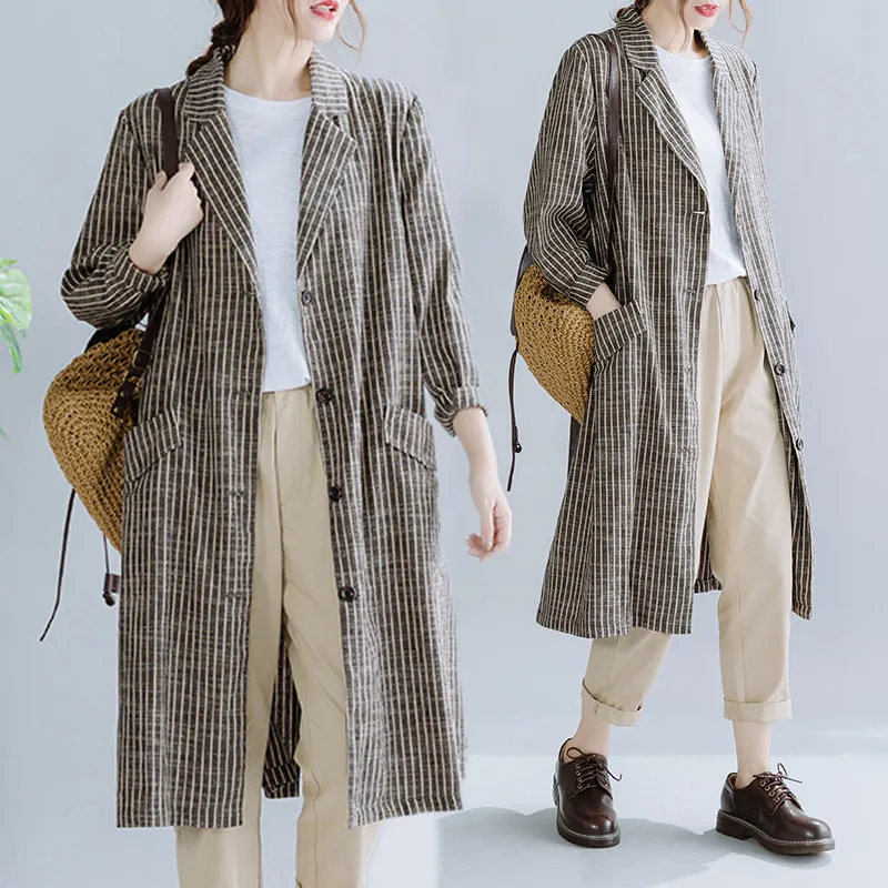 

BIG SIZE Spring Autumn Women Fashion Stripe Outwear Tops Ladies Female Plus Large Long Sleeve Cotton Linen Cardigans Jacket Coat