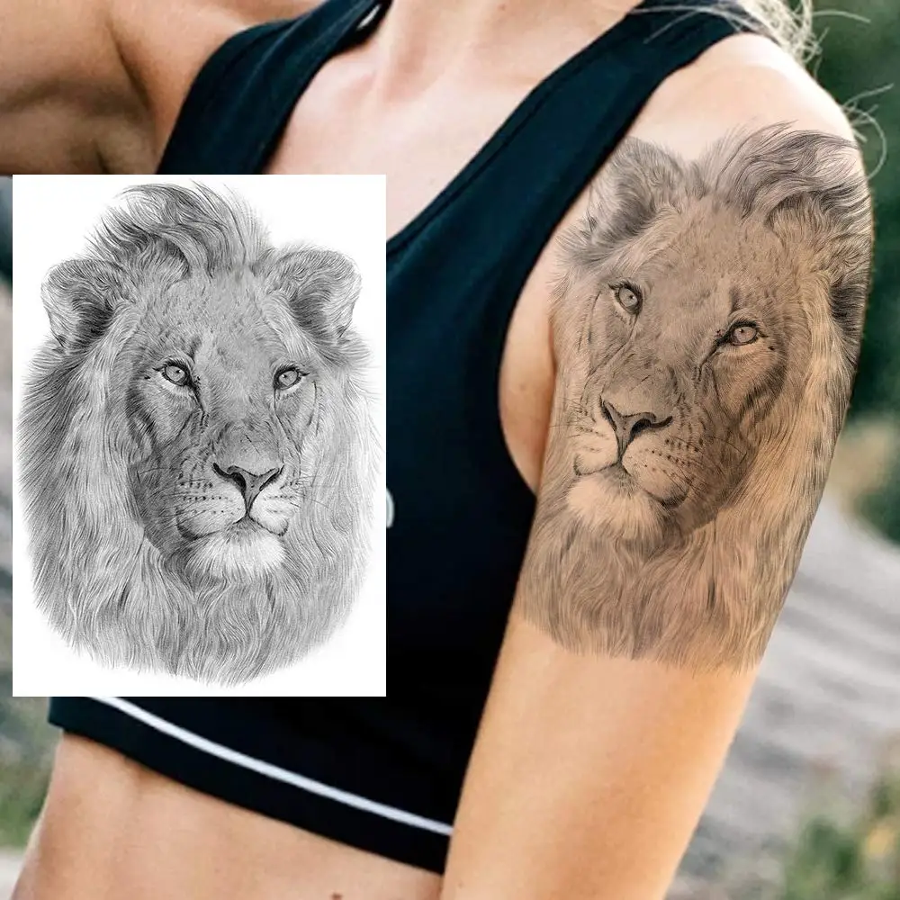 Tribal Lion King Temporary Tattoo Stickers For Men Cool Black Ink Tiger Drawing Waterproof Fake Tattoos Body Art Large Tattoo