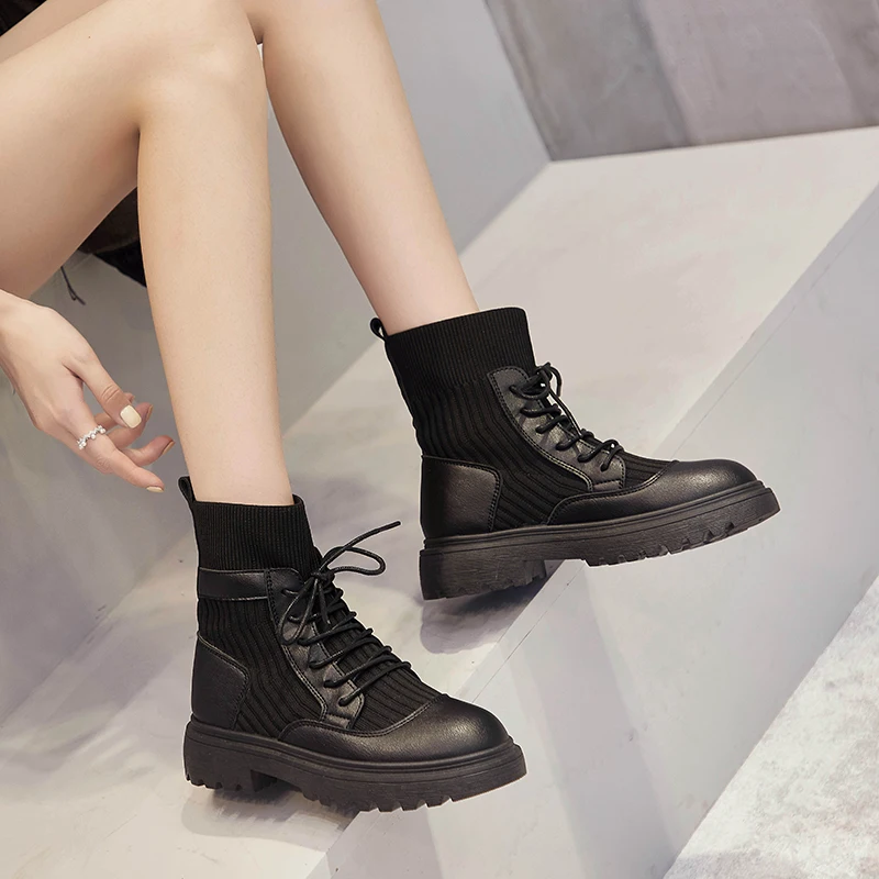 

Winter Women Shoes Warm and Velvet Lace-up Martin Boots Soft Thick-soled Wear-resistant Socks Boots Increase Leather Shoes Women