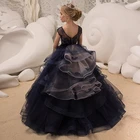 Бальное платье, Цветочное платье для девочек, кружевные аппликации, платья для маленьких девочек, вечерние платья с рукавами-крылышками, пышное платье с бантом на спине для первого причастия