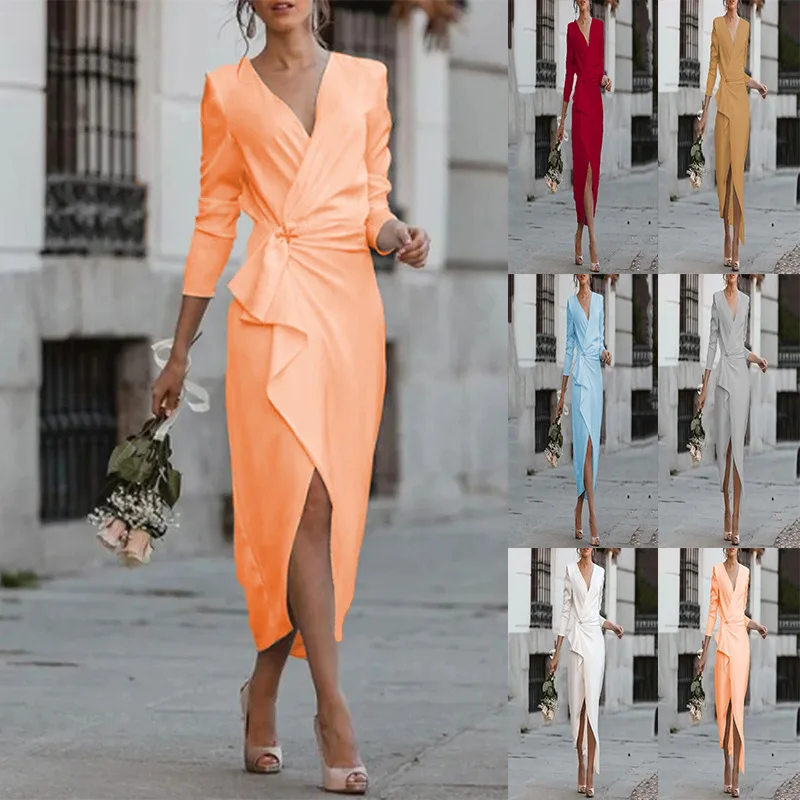 

2021 autumn and winter mid-length skirt, mid-waist, chest-wrapped temperament commuter thin waist retro ethnic long-sleeve dress