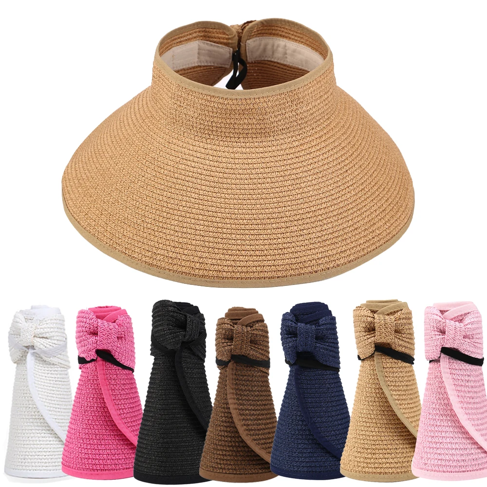 

2020 New Women Summer Visors Hat Foldable Sun Hat Wide Large Brim Beach Hats Straw Hat chapeau femme Beach UV Protection Caps