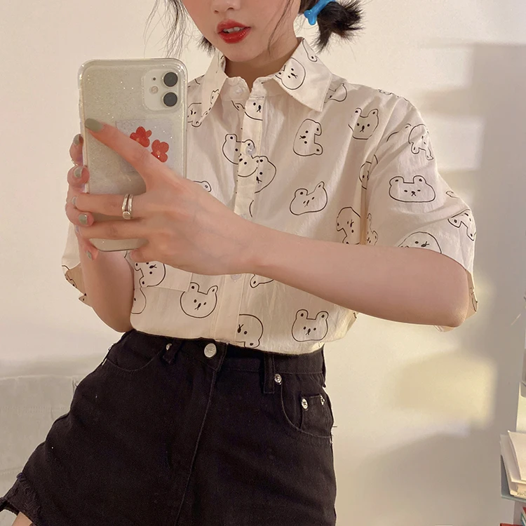

New Summer Preppy Style Women Shirt Harajuku Kawaii Bear Cartoon Blouses Female Jk Uniform Short-sleeve Cotton Blouse Tops Mujer