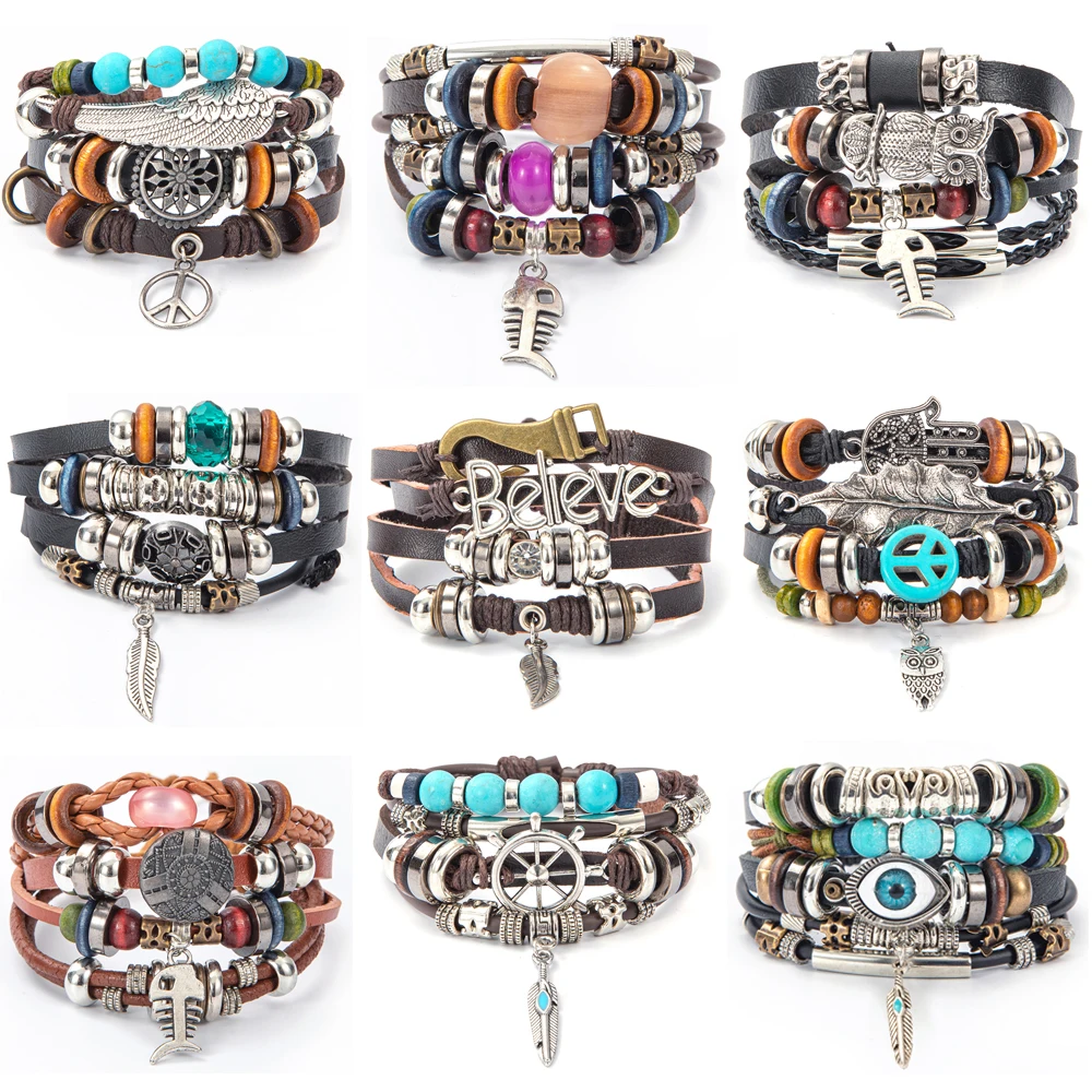 

Eif Dock Owl Evil Eye Feather Leather Bracelets Handmade Jewelry Bohemian Style Beaded Multi-layer Wrap Bracelet Women Gifts