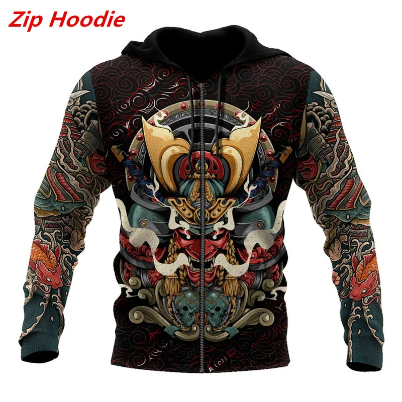 Новинка осенняя мужская Толстовка Oni с 3D принтом самурайского тату на молнии