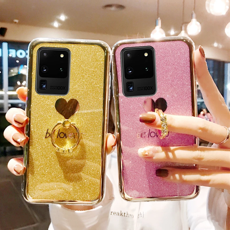 Блестящий силиконовый чехол для Samsung S21 Ultra + S20 FE с кольцом на палец и блестками Galaxy