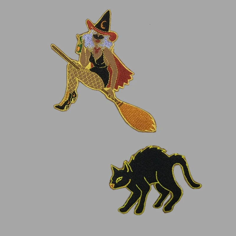 Вышитая тканевая нашивка с девушкой ведьмой аппликация черной кошкой наклейка