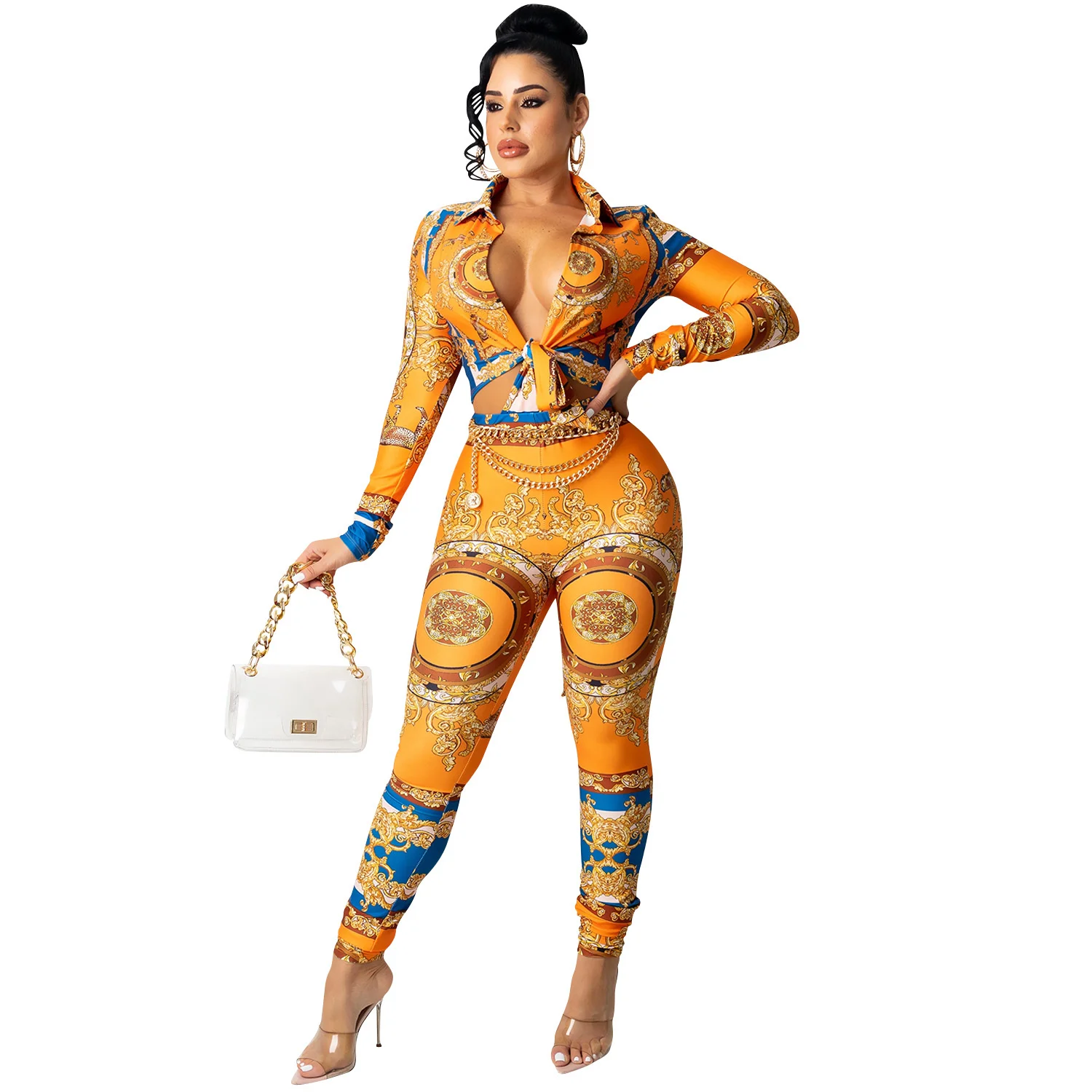 

Повседневный комплект Zoctuo из двух предметов, Топ с длинным рукавом и брюки-карандаш с принтом, Осенний Модный женский комплект, Новинка