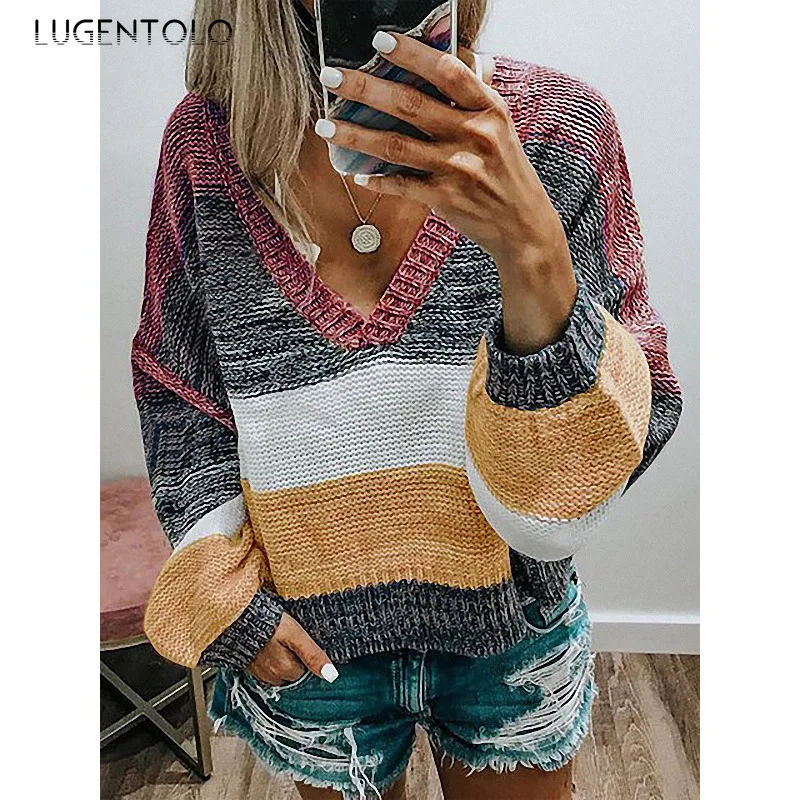 

Lugentolo Sweater Women Multicolor Stitching Striped V-neck Long Sleeve Knitted Pullovers Spring Autumn New Rainbow Sweater