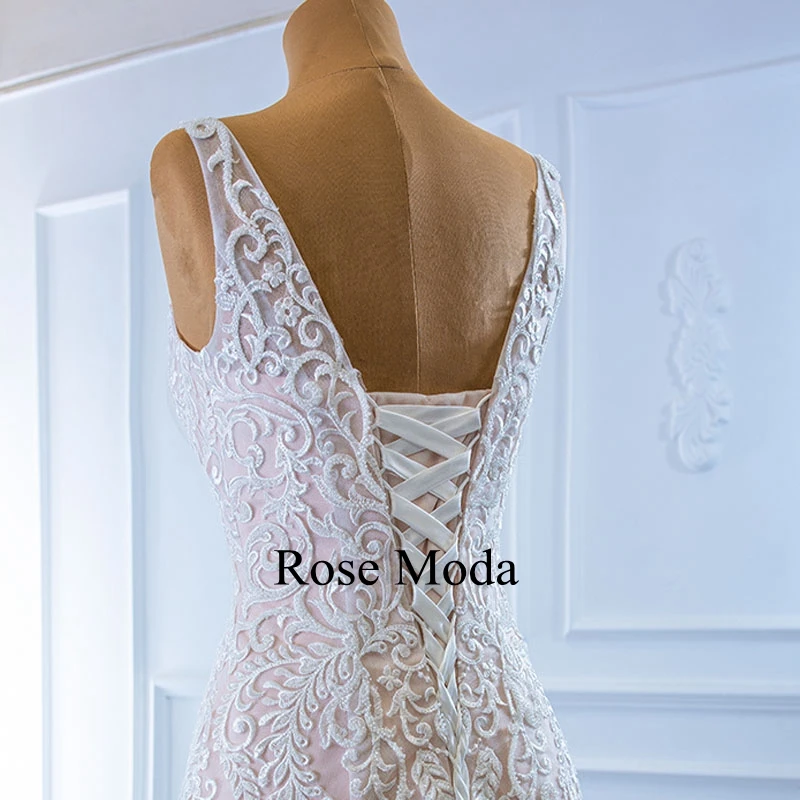 

Rose Moda V Neck Chantilly Lace Pink Mermaid Wedding Dress Custom Make