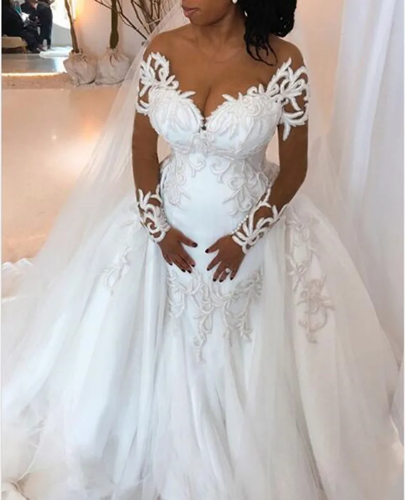 

Plus Size Aso Ebi Mermaid Wedding Dresses with Detachable Train 2020 Sheer Neck Full Lace Beaded Long Sleeve Garden wedding gown