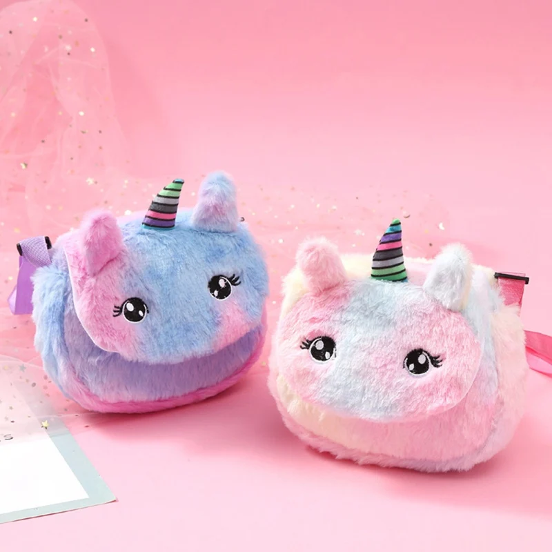 

1 Lovely Unicorn Shoulder Bag Children Plush Cartoon Rainbow Color Unicorn Crossbody Messenger Bag Cover Buckle Shoulder Bag