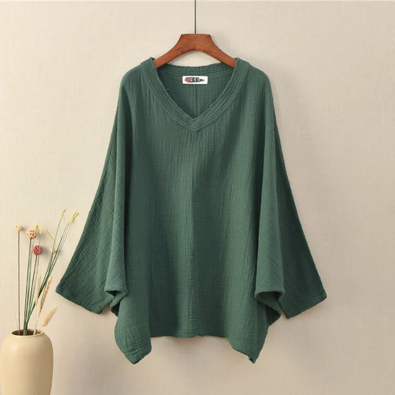 2019 Осенние футболки с рукавом летучая мышь винтажные женские хлопковые льняные v