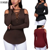 womens solid color v neck hollow tie strapless sexy long sleeved bottoming shirt casual t shirt