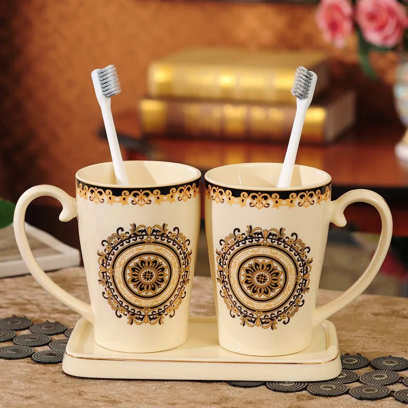 

Bathroom Ceramic Wash Set Toothbrush Holder & Cup With Tray Lavatory 4 Pieces Set Couple Mouthwash Electric Toothbrush Holder