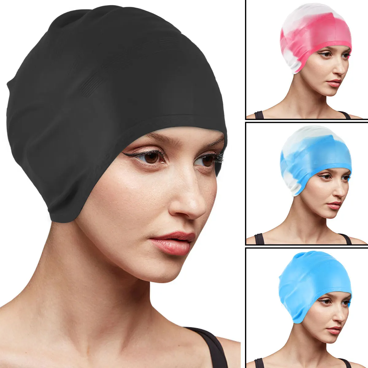 

2021 Elastic Waterproof PU Fabric 3D Protect Ears Long Hair Sports Swim Pool Hat Swimming Cap Free size for Men & Women Adults