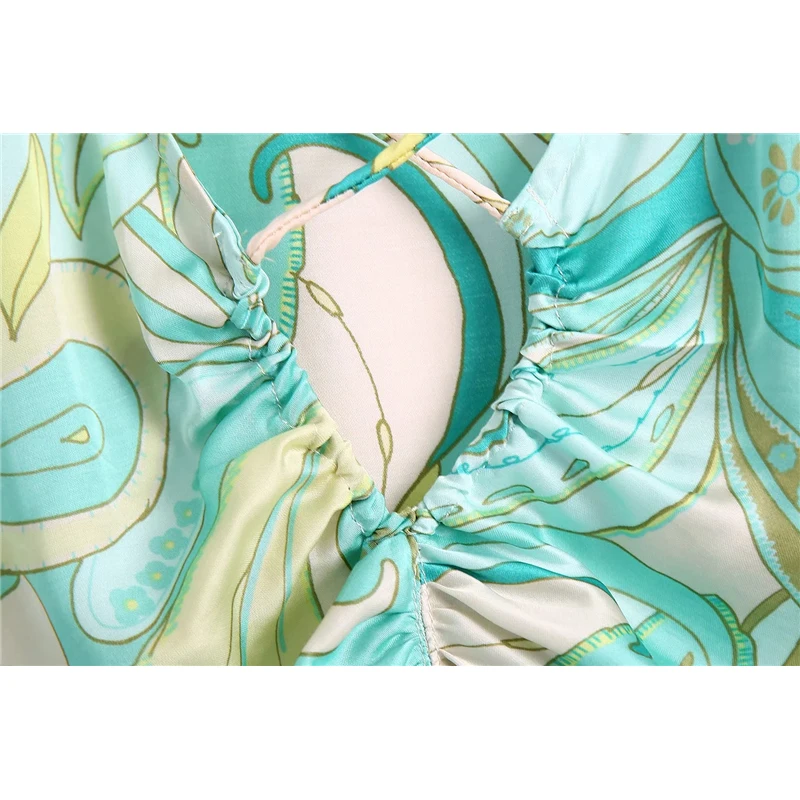 

KRSB 2021 Summer Women's V-Neck Green Print Long-Sleeved Blouse Draped Personality Design Long Skirt Suit British Leisure