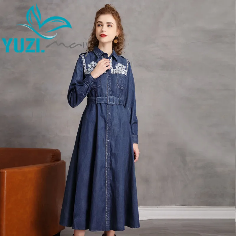 Woman Dress 2021 Yuzi.may Boho New Denim Women Dresses Turn-down Collar Long Sleeve Belted  Vintage Vestidos A82281 Vestido