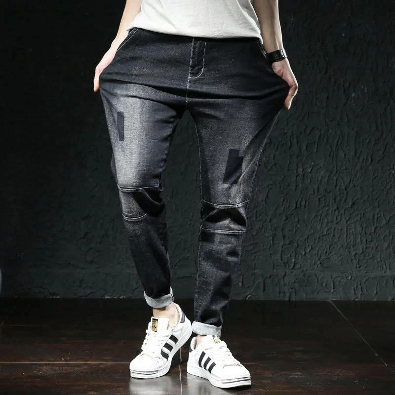 

Denim trousers elastic stretch torn pants streetwear men's waistline plus plus size hip hop loose new fashion brand