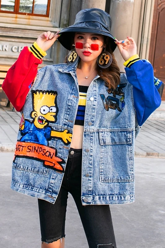 Женская джинсовая куртка с блестками Свободный комбинезон мультяшным принтом в