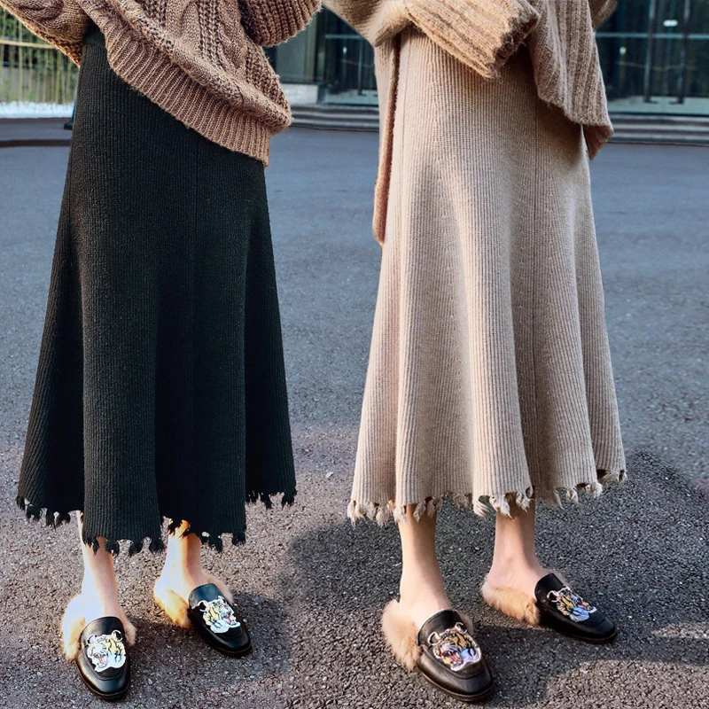 Осень 2020 женские вязаные юбки большого размера Свободные плиссированные с