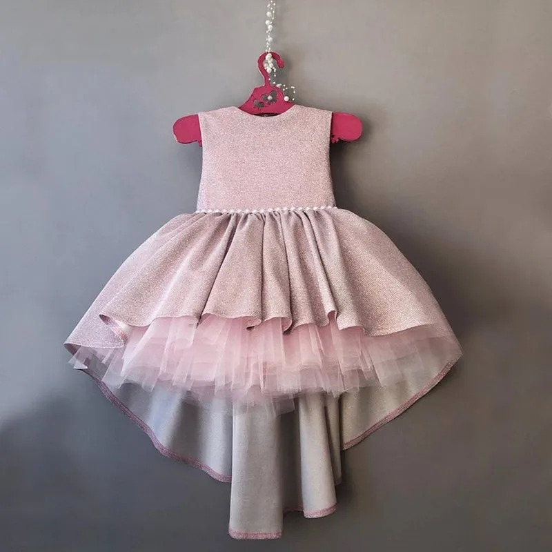 

Custom Pink Sequined Girls Hi Low Elegant Princess Dress Birthday Gowns Flower Girl Dress Pageant Wear with Bow