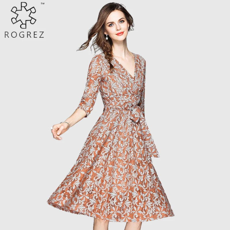 ROGREZ бежевый хаки элегантное винтажное роскошное кружевное платье для женщин