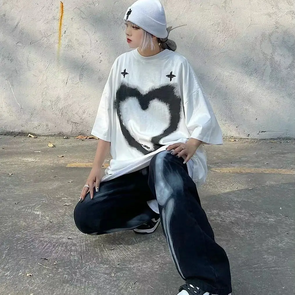 

Hip Hop American Love Print Oversize T-Shirt Womens Summer Loose Short Sleeve Tees Street Style Vintage Hole Bottom TShirt TS046