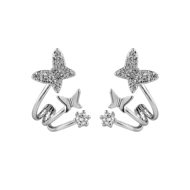 

Fairy Sparkly CZ Stone Butterfly Earrings for Women Brass Gold Multilayers Hollow Simulation Wing Clip Earrings Korean Jewelry